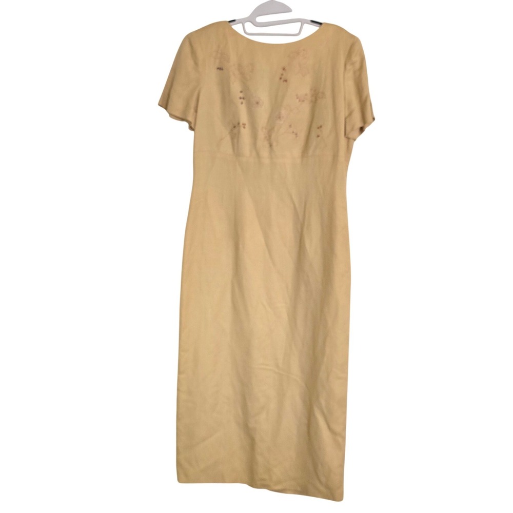 Womens Linen Embroidered Sheath Dress‎ Tan Beige Cottagecore Neutral Sz 12 Retro